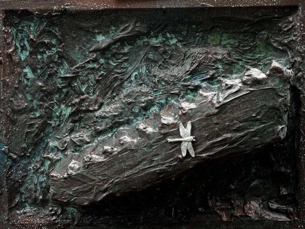 Dark green textured artwork by Max Dalglish with a silver dragonfly